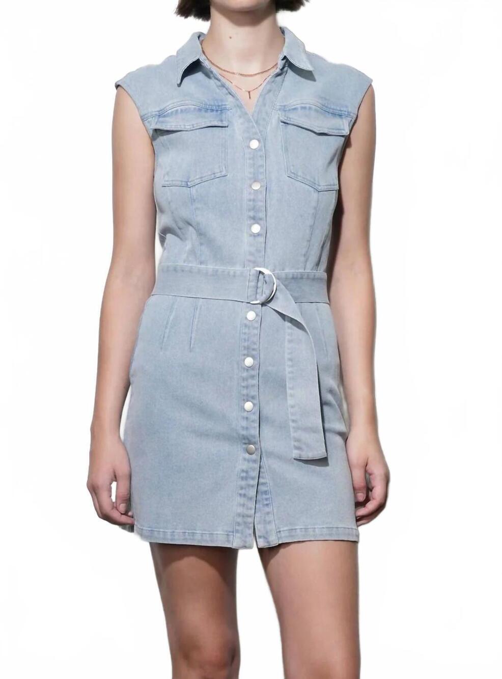 NEW GREYLIN madison sleeveless denim mini belted dress in blue